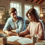 Een man en een vrouw die aan tafel zitten en samen een ouderschapsplan schrijven