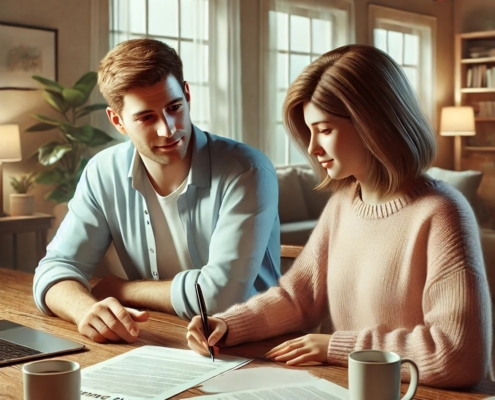 Een man en een vrouw die aan tafel zitten en samen een ouderschapsplan schrijven